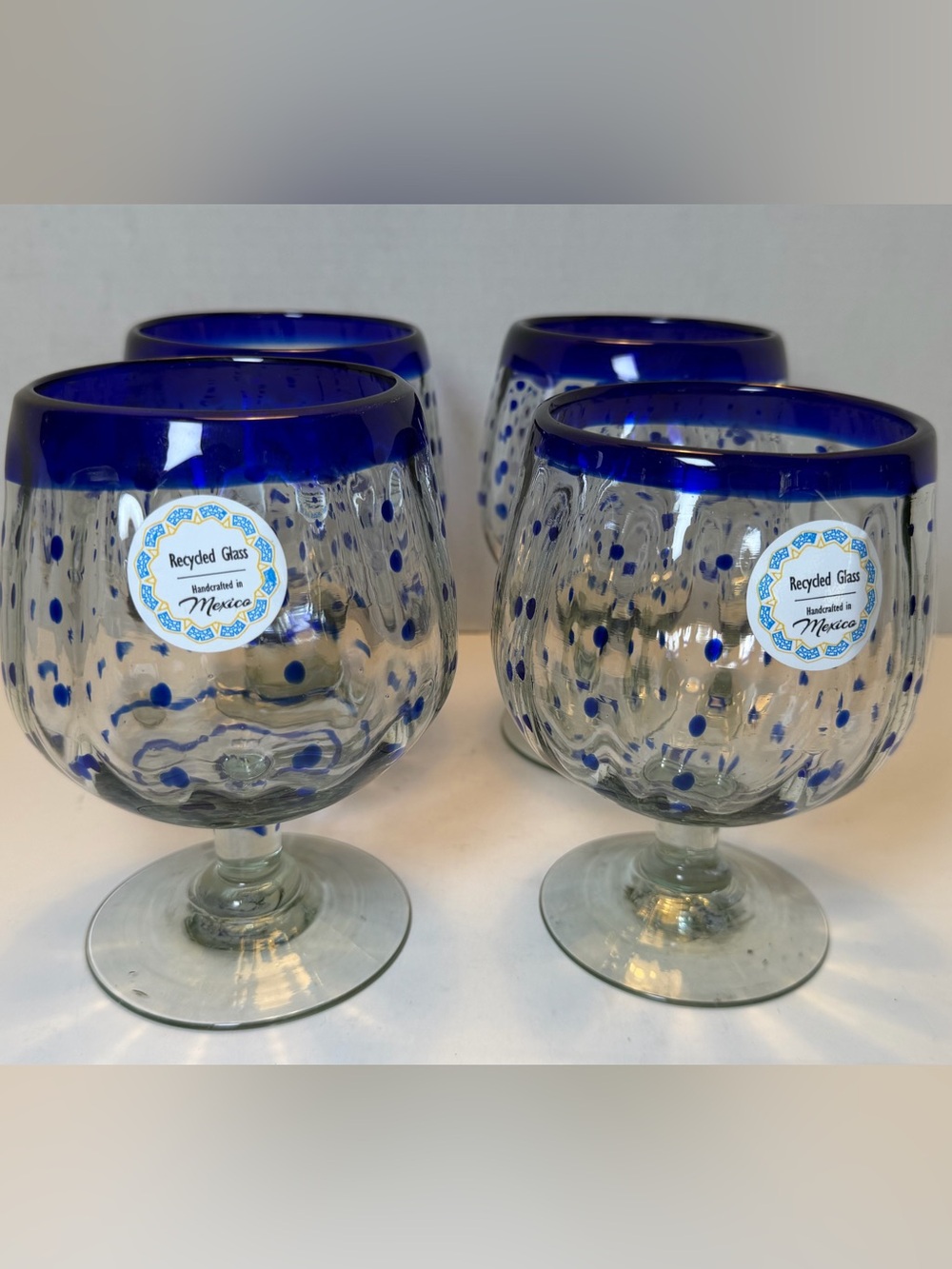 (4) Hand Blown Mexican Art Glass Cobalt Blue Rim & Polka Dots Cocktail Glasses